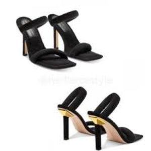 Good American Black Sandals with Gold Heel Detail